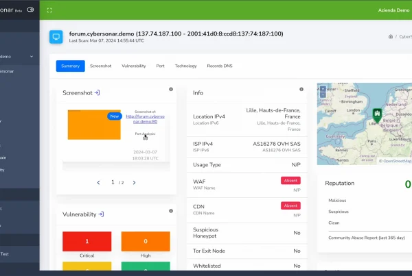 L'immagine mostra la dashboard della funzione assets di cybersonar